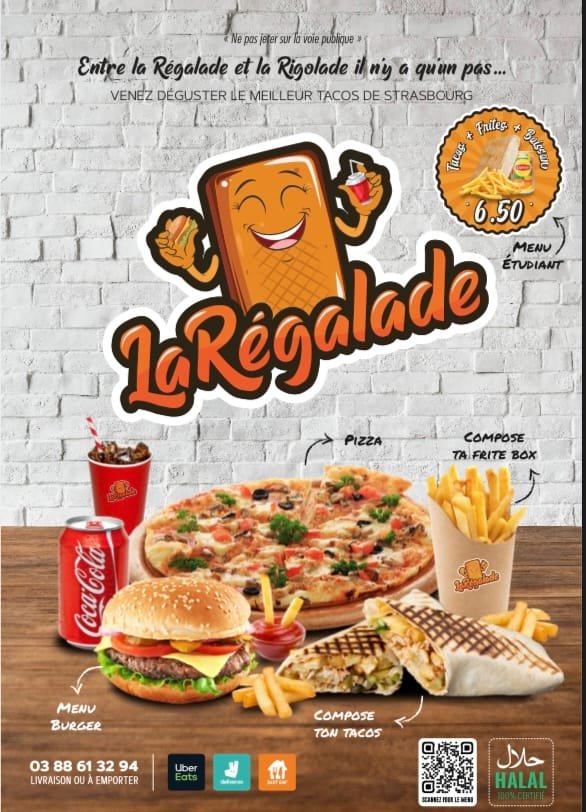 Affiche de La Régalade : tacos, pizza, burger, frites et la mascotte du snack.